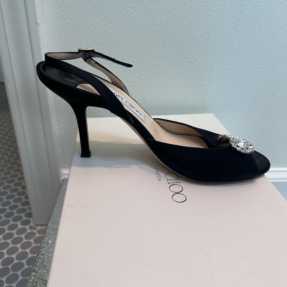 Jimmy Choo Black SatinCrystal Embellished Heels - Picture 5 of 7
